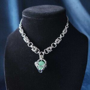 Gothic chunky silver choker necklace ✦ Green caged pearl chainmaille necklace